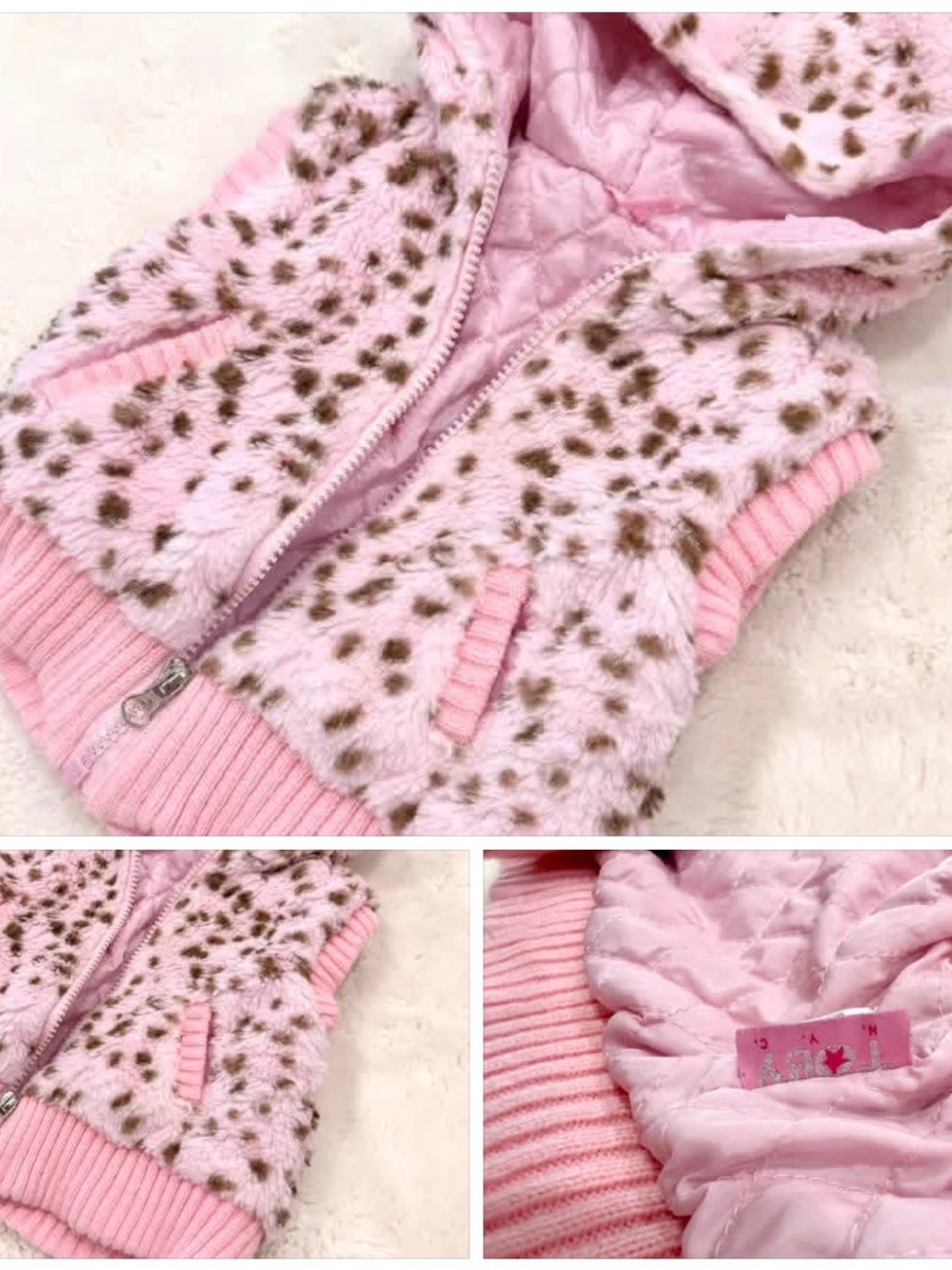 Baby girls Toby NYC Pink Faux Fur Leopard Print Hooded Vest